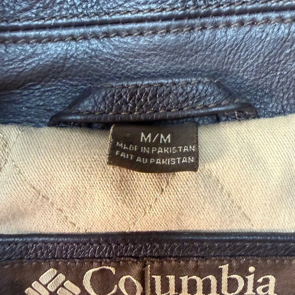 Columbia Men Leather Jacket Brown Full Zip Quilted Lined Coat RN102271 CA02786 M